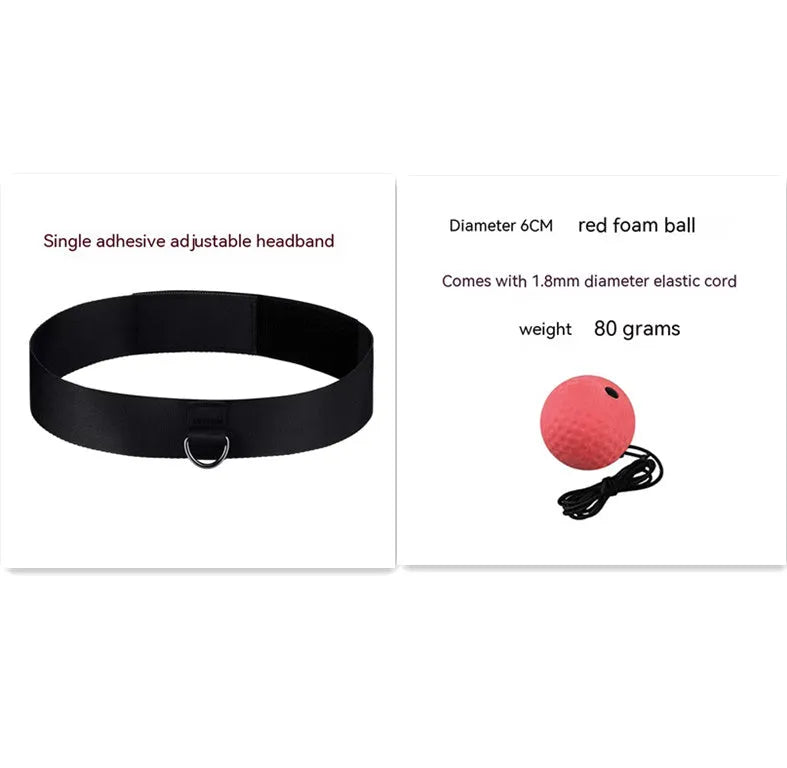 Head-mounted boxing reaction training ball set with PU balls, rubber ball and two headbands on a neutral background.