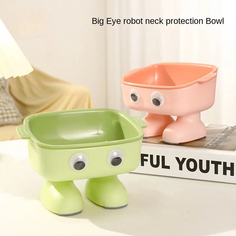 Elevated cat bowl with robot shape, 15° tilt angle, and anti-slip base for pet feeding