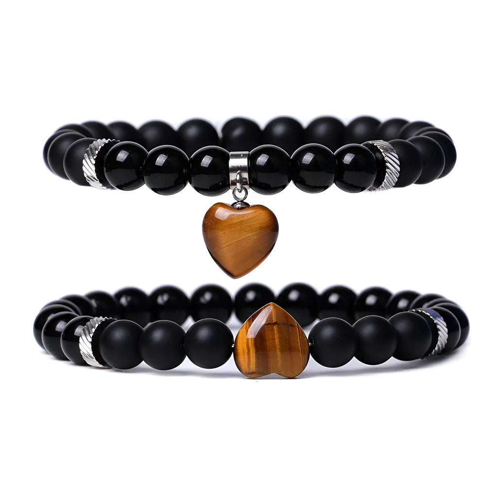 Natural stone couple love bracelet set with heart-shaped gemstone charms in various colours