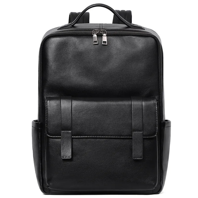 Men's large capacity leather computer backpack with 36-55L storage in black