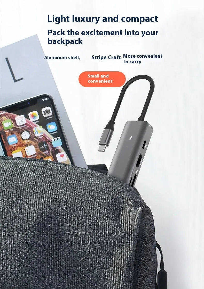 Silver 7-in-1 USB-C laptop hub showing HDMI, USB-C PD, USB 3.0, and SD card ports