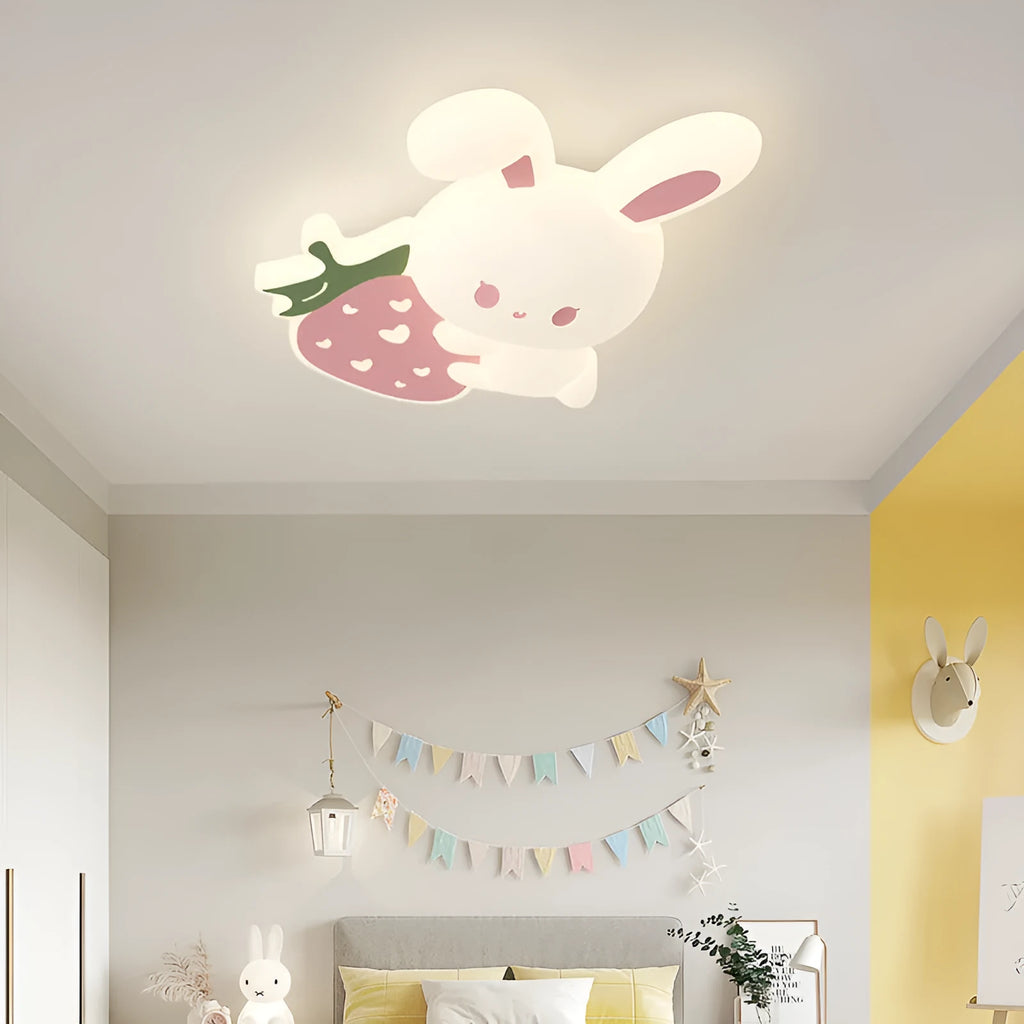 Cream children's cartoon ceiling lamp with tri-colour light, iron frame, acrylic shade, Carrot Rabbit design
