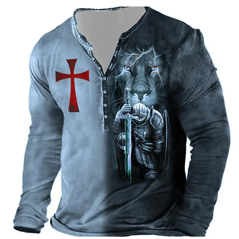 Men's long-sleeved open placket digital print camouflage T-shirt in bird eye cloth polyester fiber