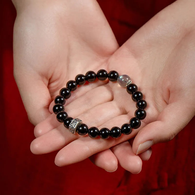 Old pit obsidian 8mm bracelet with zodiac Buddhist bead designs for women.