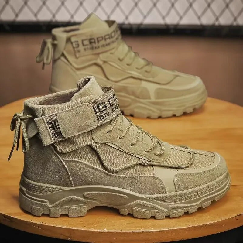 Men's high-top platform boots in khaki artificial PU leather with lace-up design and thick sole