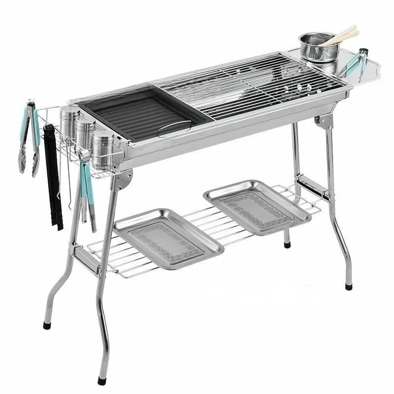 Stainless steel portable folding barbecue oven for outdoor group cooking.