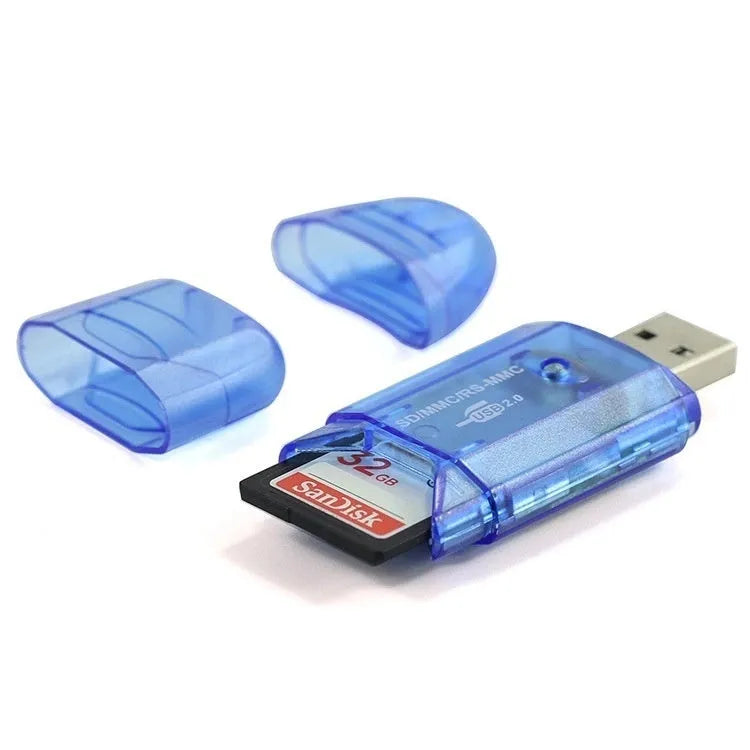 Transparent plastic USB card reader with LED light for computers, includes card holder