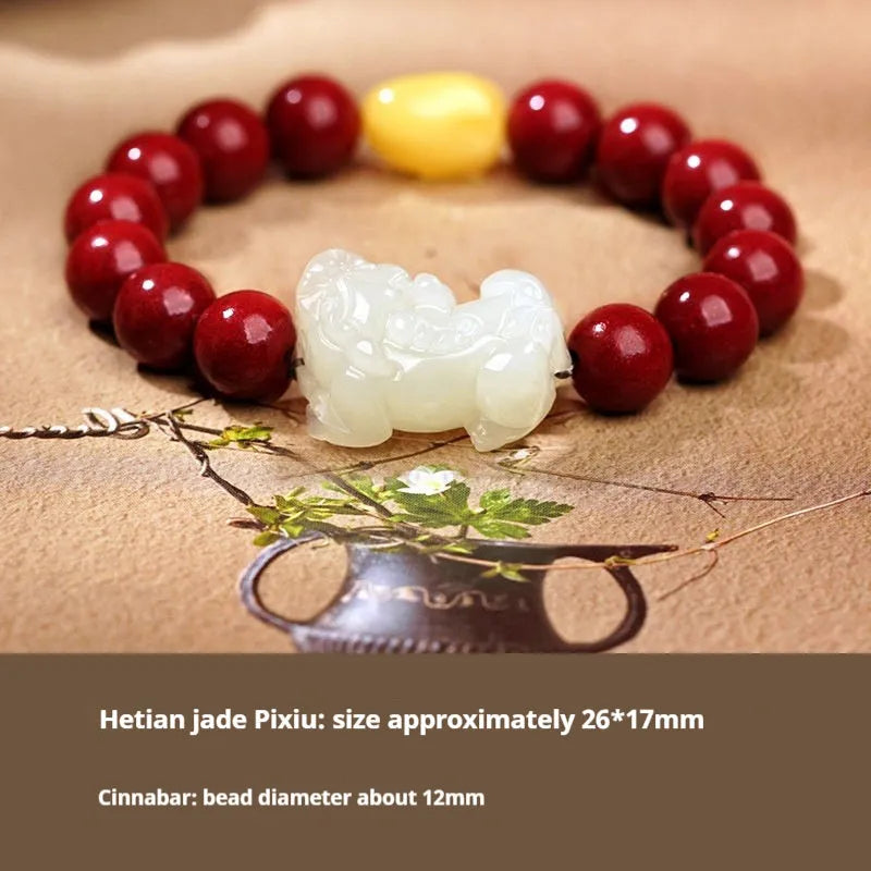 Close-up of a brown and black braided rope bracelet with a central Hetian jade bead on a wrist.