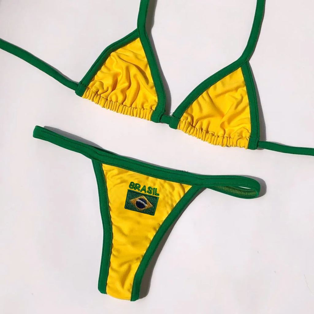 Women's yellow polyester bikini set showing T-back bra top and short-length bottoms on a mannequin.