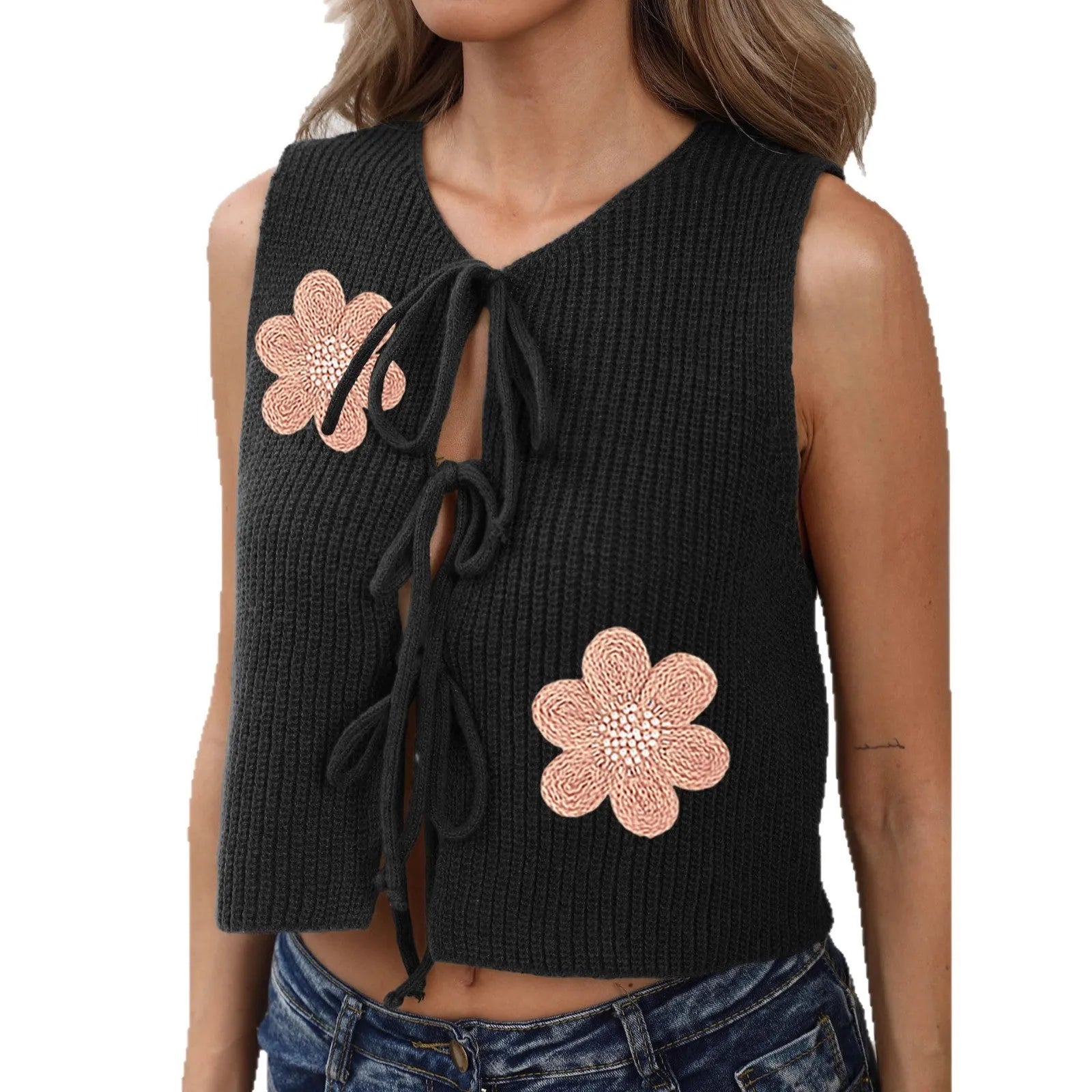 Ladies lace-up bow cardigan vest in deer plush fabric with floral pattern and short length