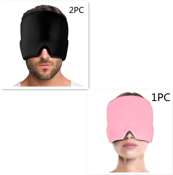 Black elastic cloth cooling gel eye mask for headache relief showing adjustable fit