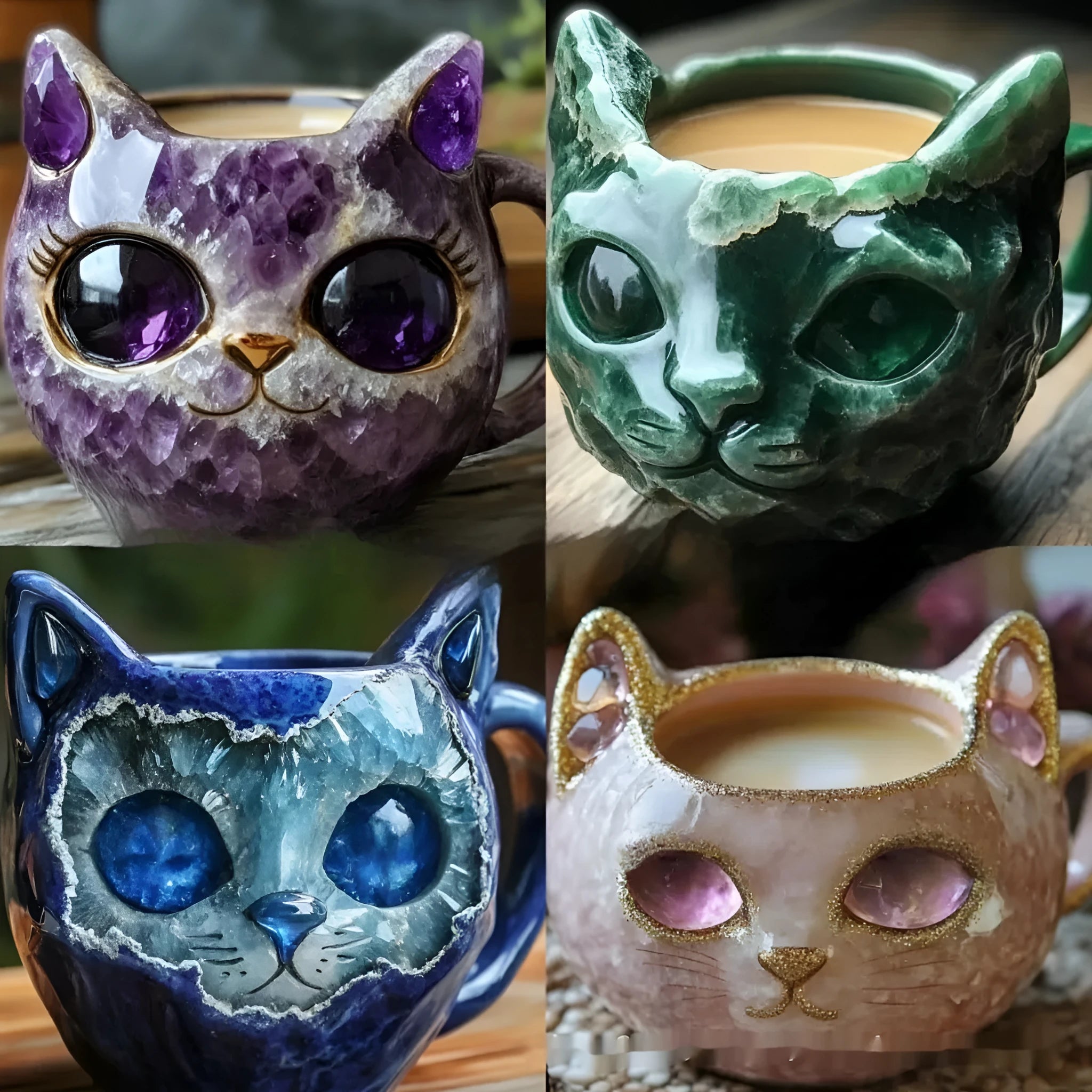 Purple handmade resin mug with a geode crystal design and a cat sculpture on the side.