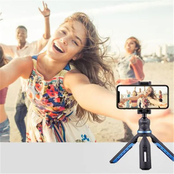 Black desktop mobile phone tripod stand with aluminium alloy legs and a plastic lazy bracket holder.