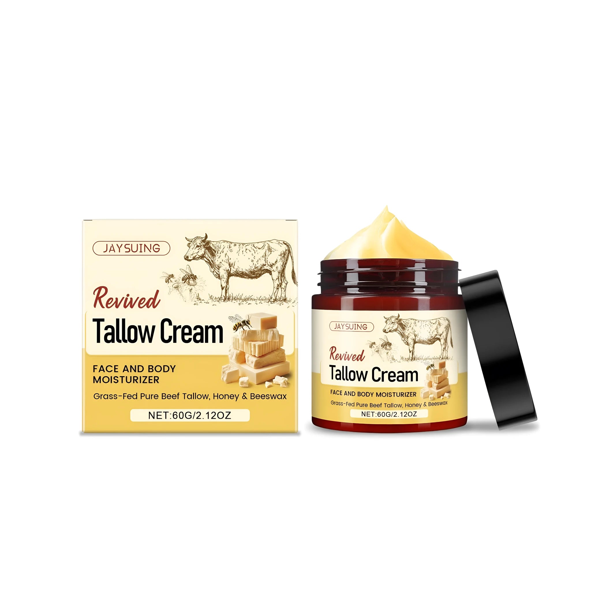 60g glass jar of tallow moisturising cream with honey, beeswax, and olive oil