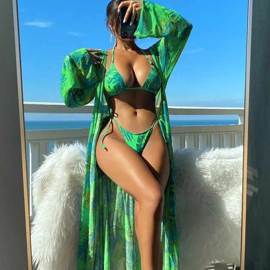Split long sleeve ins blouse and banded bikini swim set with matching outer robe in multiple colours.