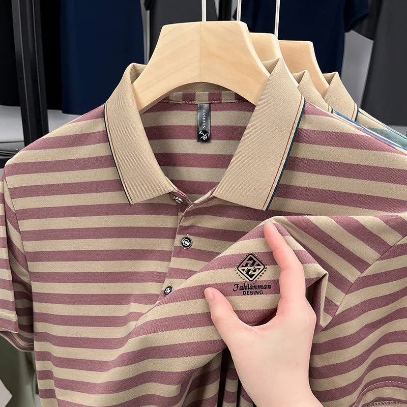 Man wearing a red mosaic stripe short sleeve casual polyester shirt.