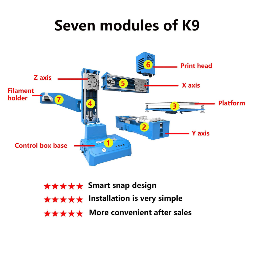 K9 Mini 3D printer in black or blue colour with compact 100mm build area for educational toy printing