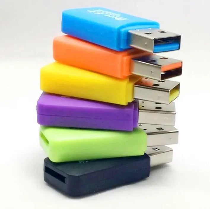 Mini USB TF and SD memory card reader with USB-A connector for computer file transfer