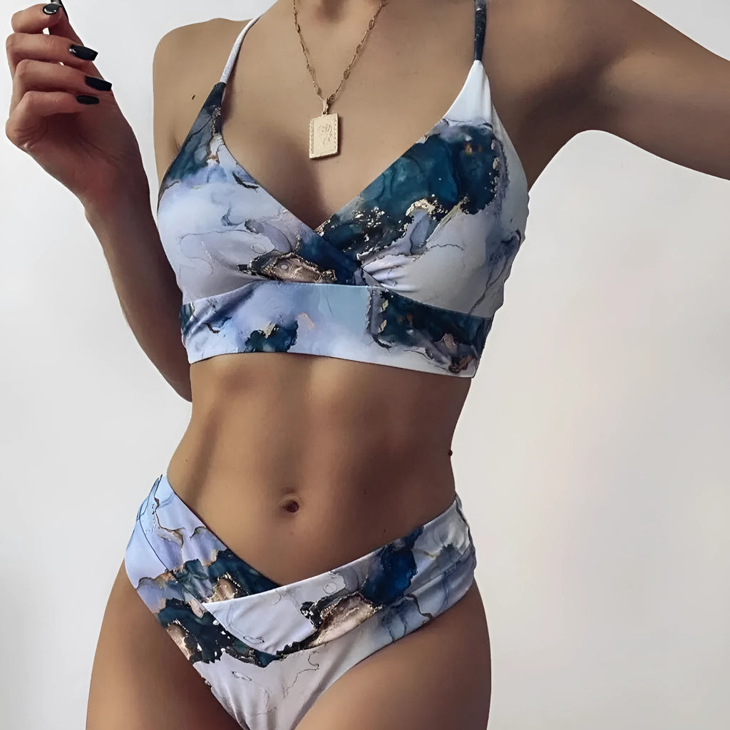 Women's high waist marble print bikini swimwear in a U-neck design.