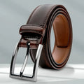 Men's brown genuine leather belt with 95-grain texture and a silver alloy buckle.