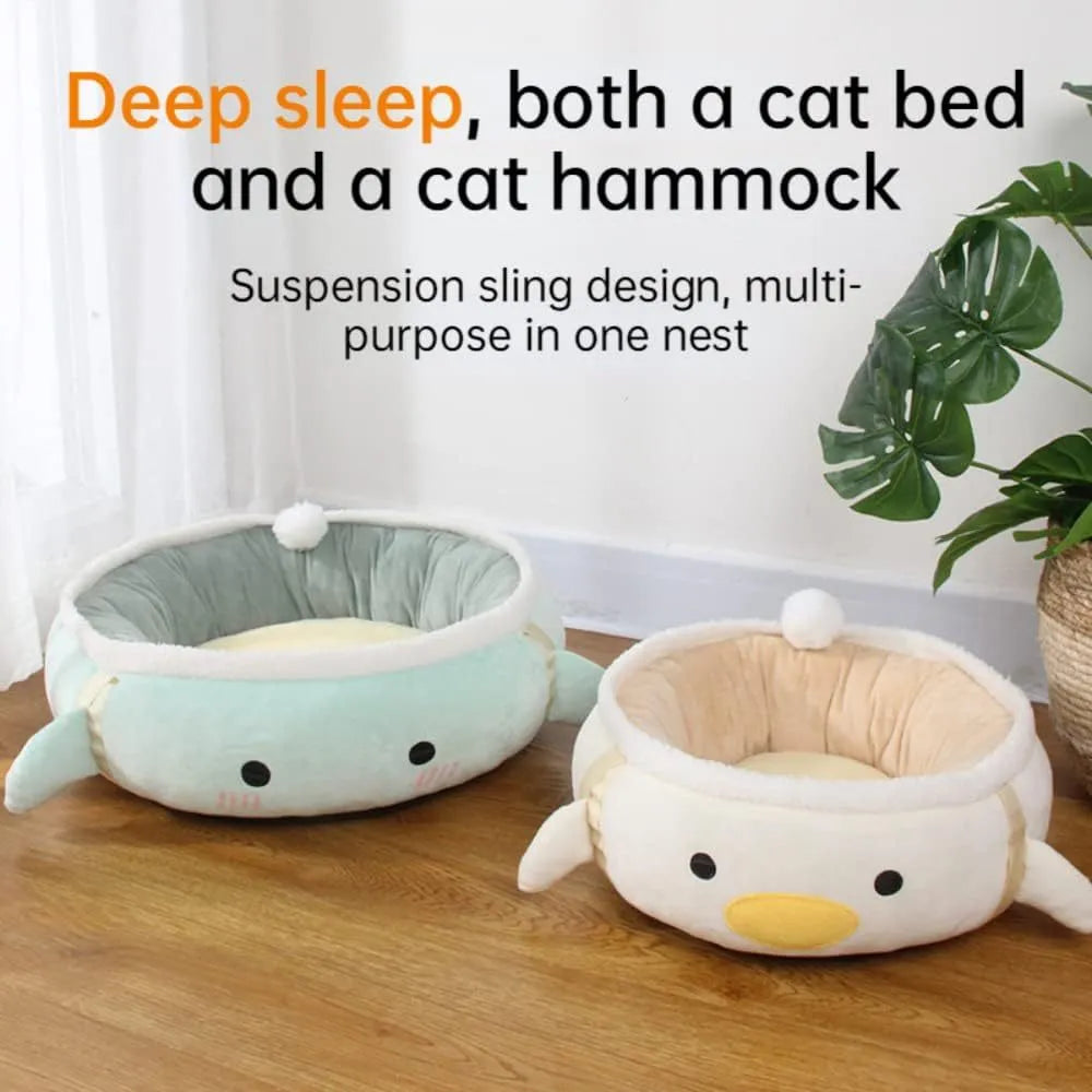 Green or yellow chick or dinosaur shaped cat bed that can be a flat sofa or a hanging hammock for small pets.