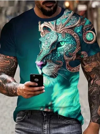Men's black T-shirt with a large detailed fierce lion graphic print on the front