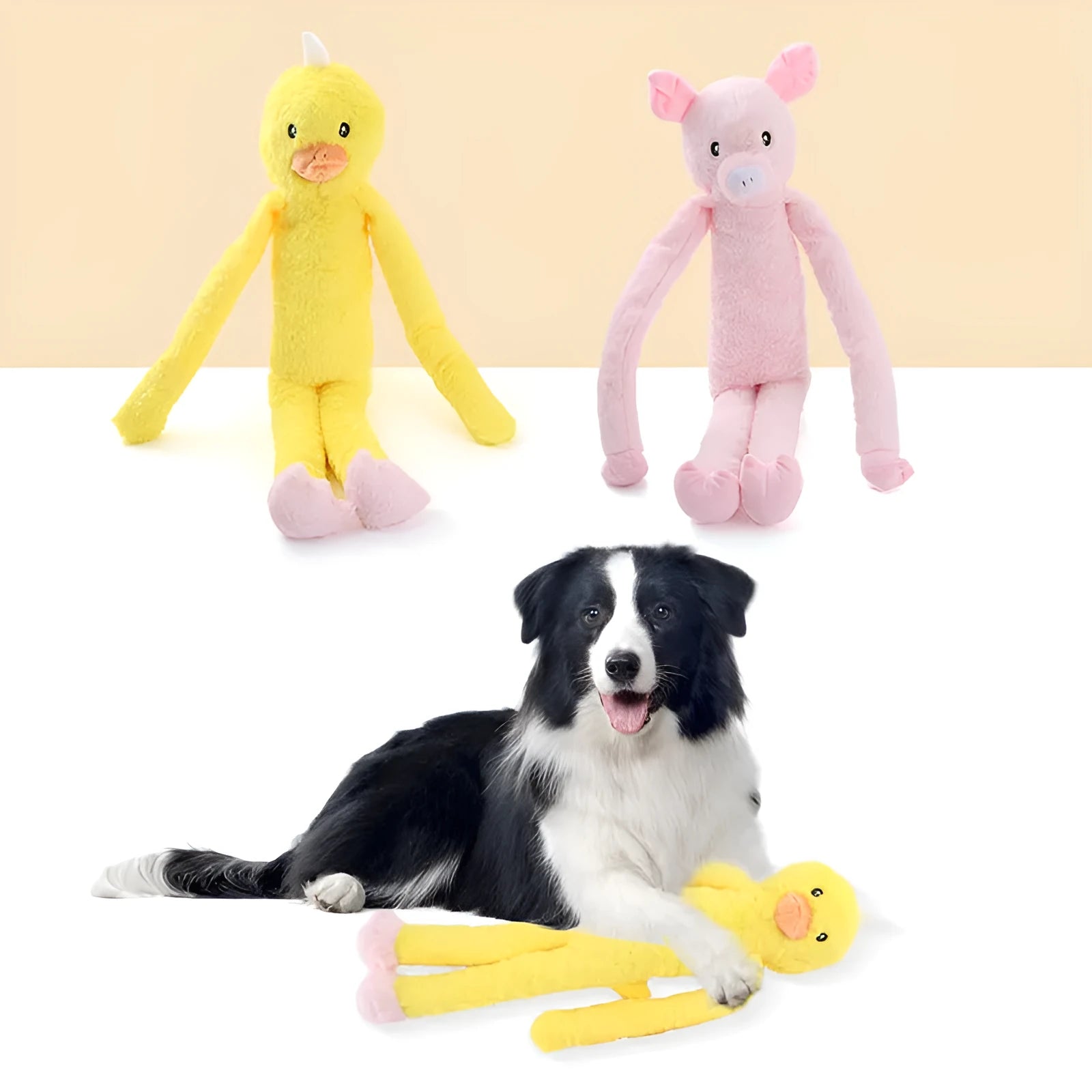 Pink and yellow interactive plush dog toy with rattle sound for large breed chewing and dental care.