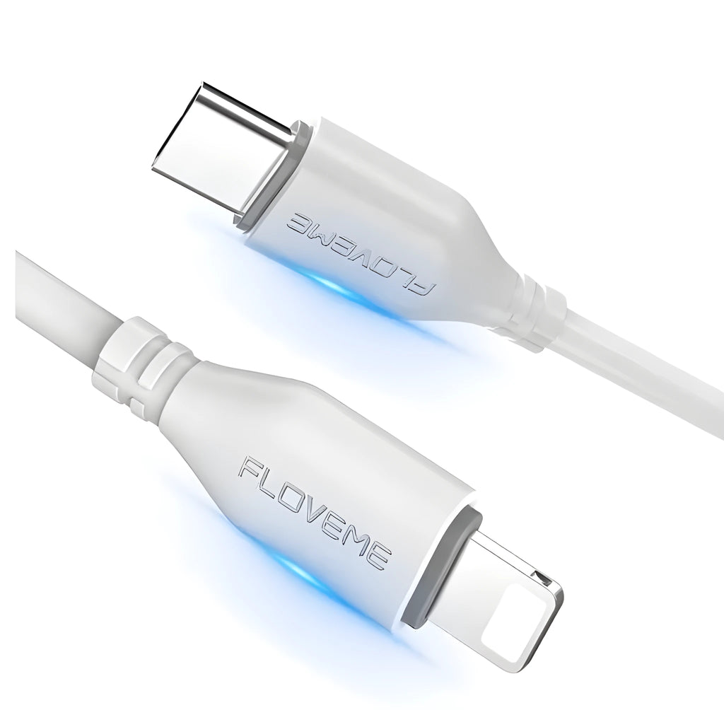 White nylon braided USB-C to Lightning charging cable, 1.8 metres long, shown coiled.