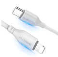 White nylon braided USB-C to Lightning charging cable, 1.8 metres long, shown coiled.