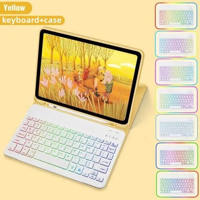 iPad in a colourful TPU leather case with a built-in RGB backlit Bluetooth keyboard and a flip-out stand.