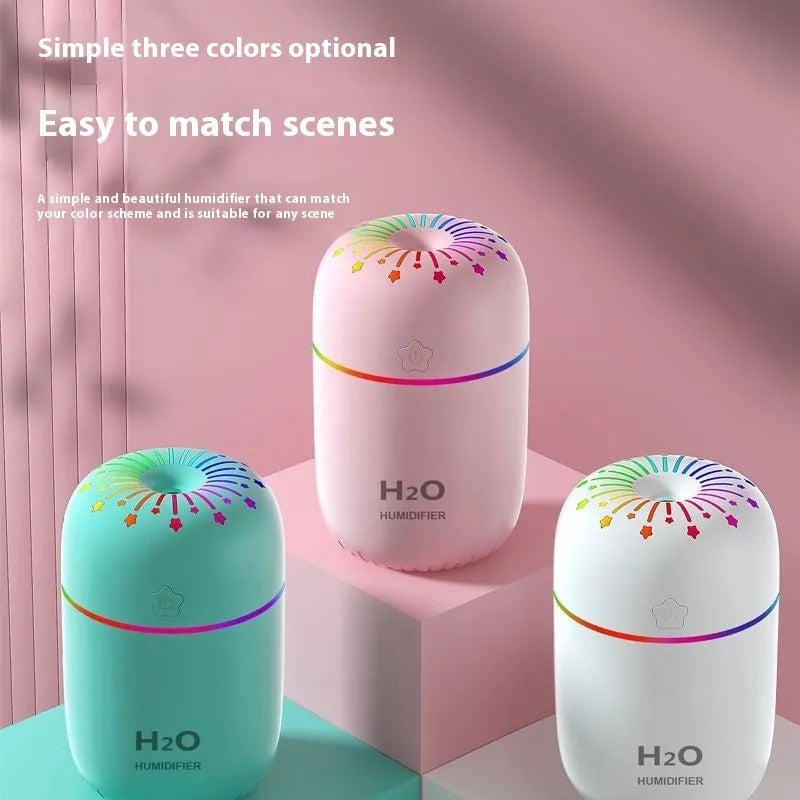 Compact white USB-powered mini humidifier with water tank on a wooden desk.