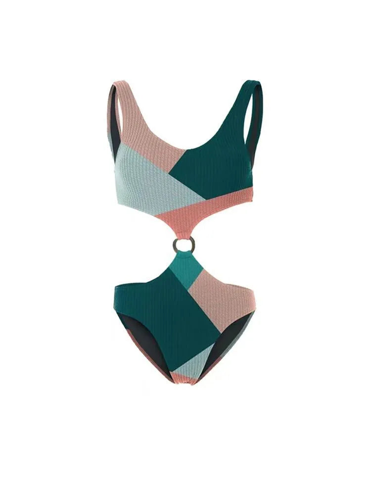 Women's two-piece polyester swimsuit bikini set with contrasting mesh gauze skirt