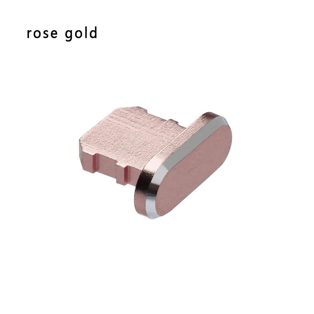 Aluminium alloy charging port dust plug for iPhone in various colours including gold, silver, blue, and black.