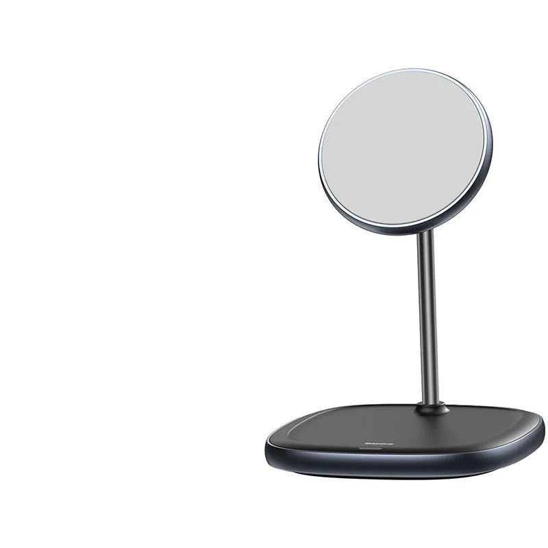 Swan Magnetic Desktop Stand Wireless Charger for iPhone 12 in black on a desk.