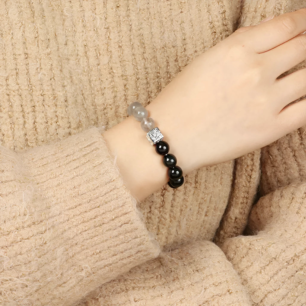 Chinese style geometric crystal couple bracelet with 10mm khaki beads