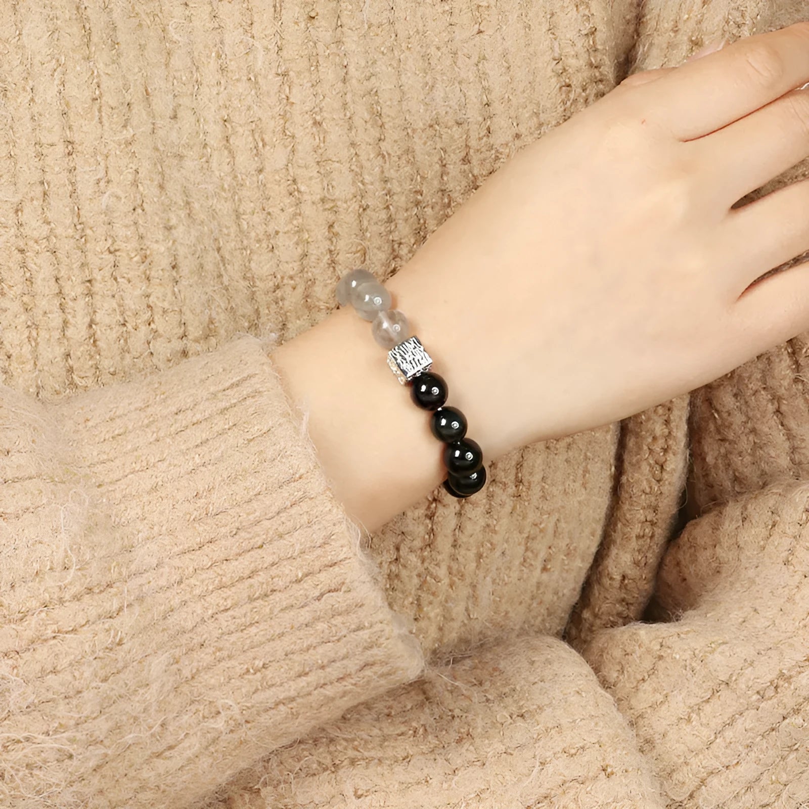 Chinese style geometric crystal couple bracelet with 10mm khaki beads