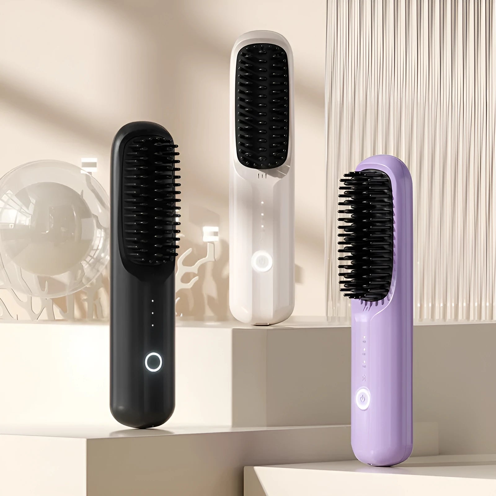 Wireless anion hair straightening comb in beige, showing comb shape and ceramic plates.