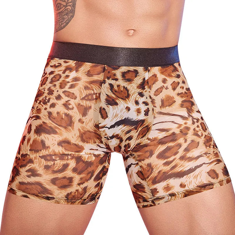Men's leopard print nylon boxer shorts laid flat, showing the all-over animal pattern.