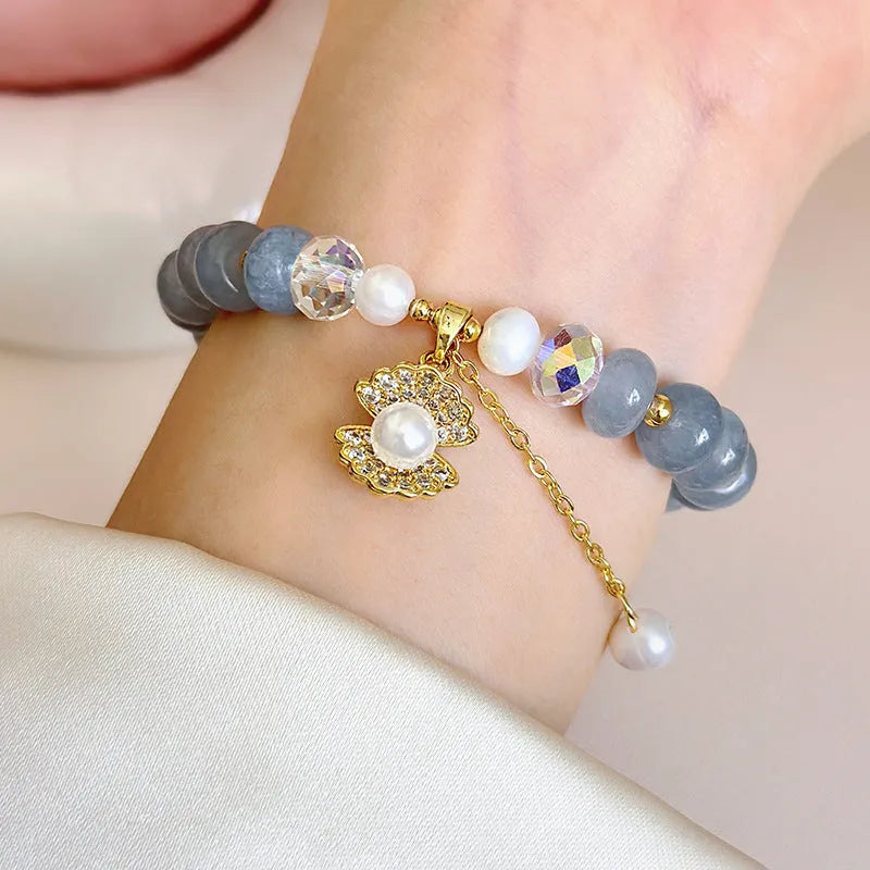Manual craft natural aquamarine pearl and shell healing bracelet with adjustable design