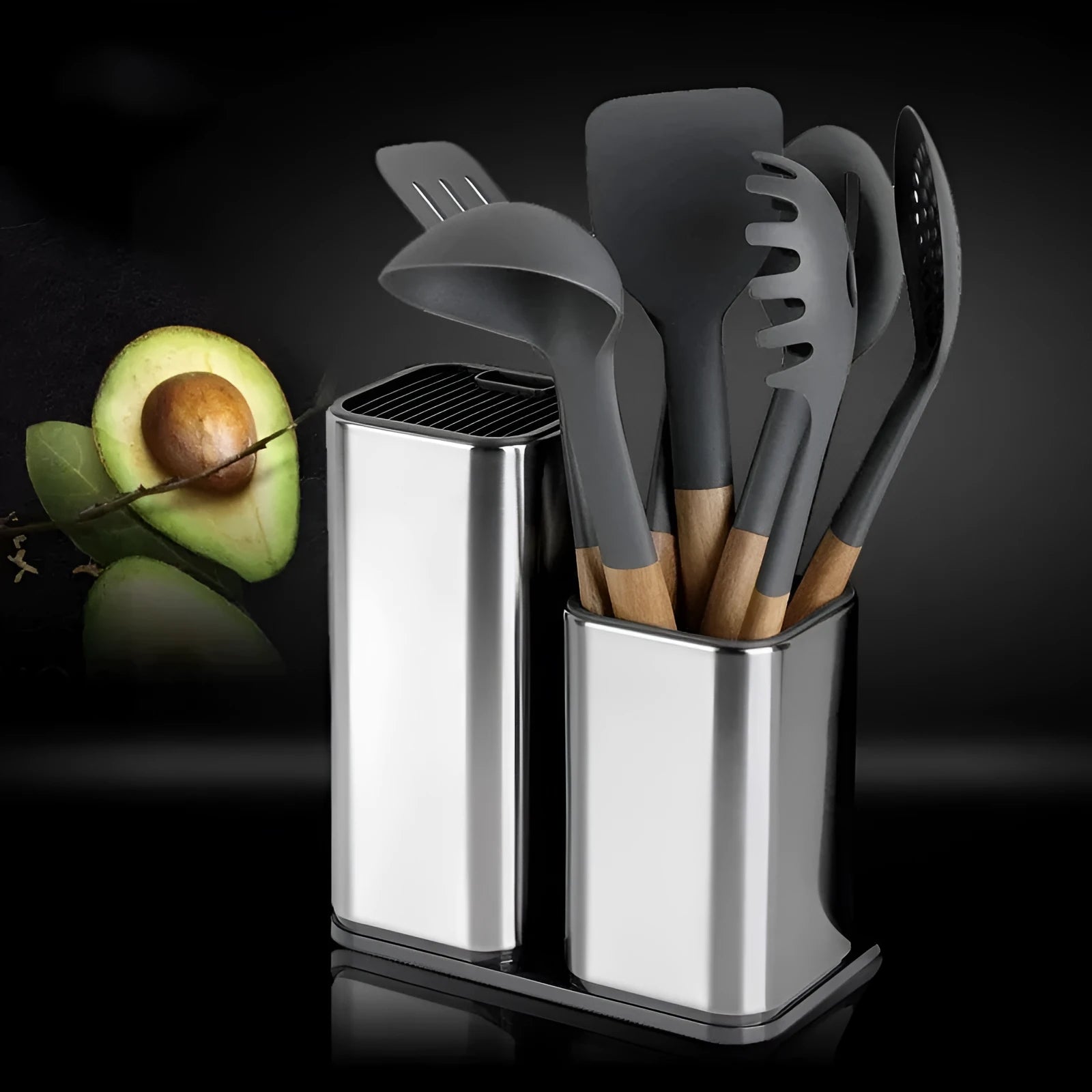 Black and white multifunctional kitchen tool holder with detachable bottom for storing knives and cutlery.