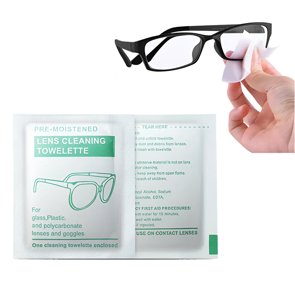 100 individually packaged quick-drying glasses cleaning wipes in white sachets