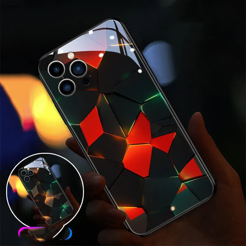 Xpress 14 iPhone case with illuminated light notification around edges, showing tempered glass back on a desk.