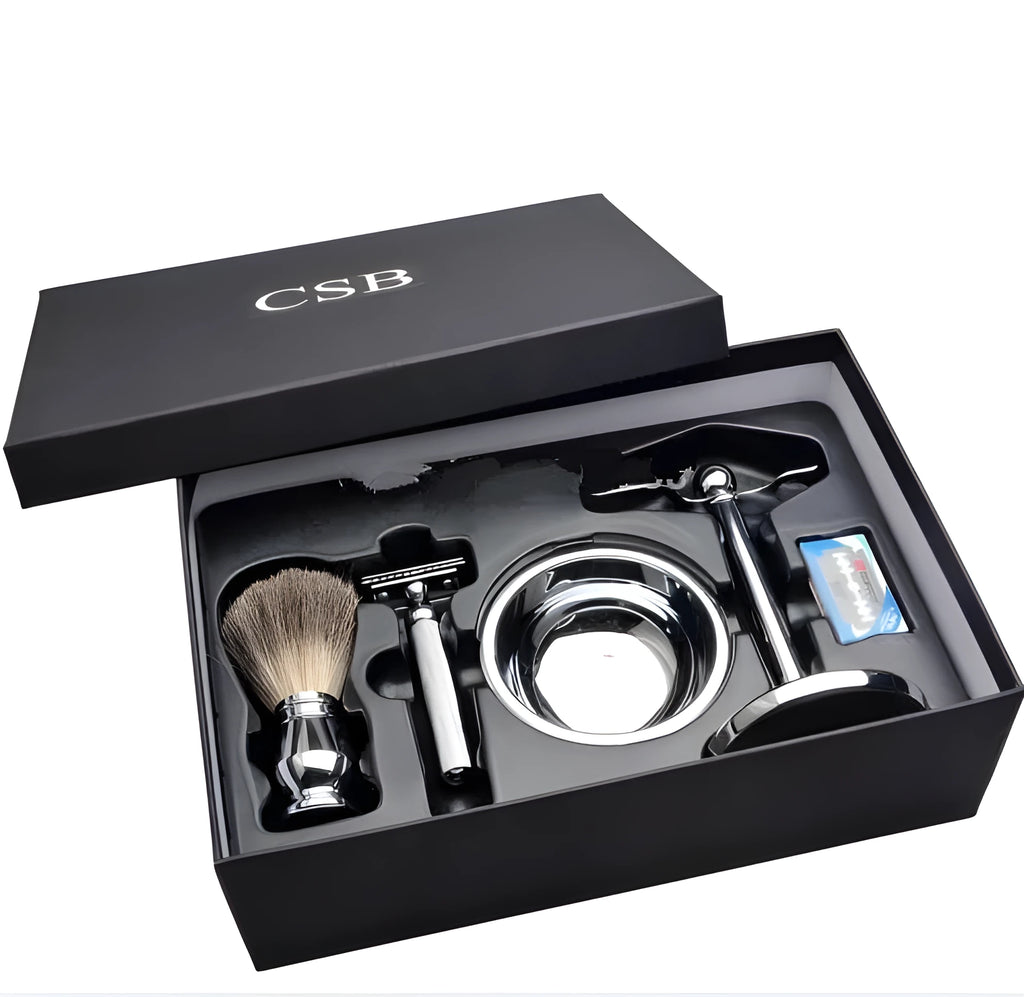 CSB men's double edge safety razor shaving kit with badger hair brush and chrome stand on black box