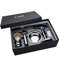 CSB men's double edge safety razor shaving kit with badger hair brush and chrome stand on black box