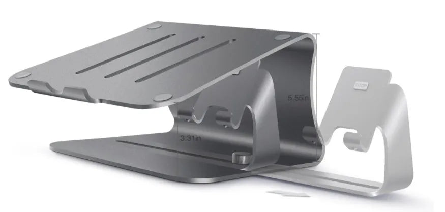 Silver desktop lazy bracket 26x24.3x19cm on a desk holding a tablet