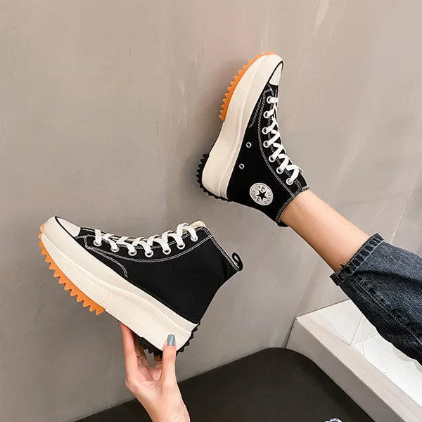 All-match women's thick-soled canvas shoes in black, plain style, side view
