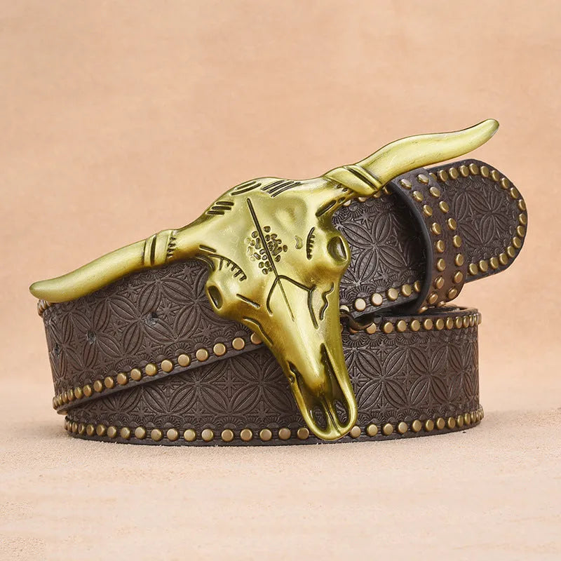 Men's cowhide faux leather belt with embossed rivets and alloy buckle in brown finish