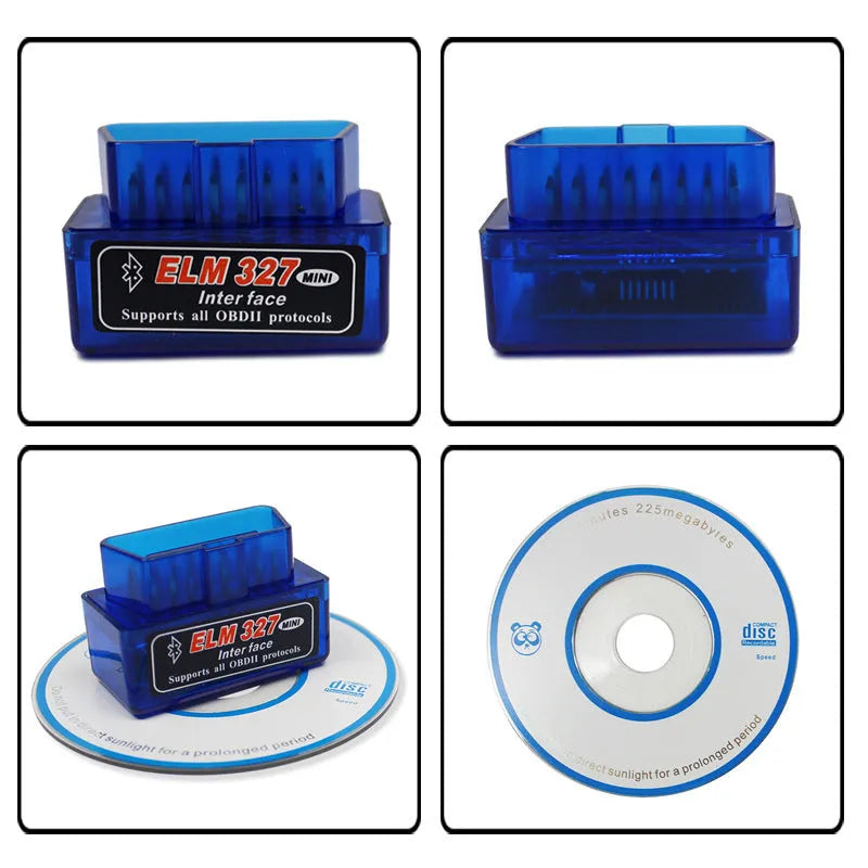 Compact blue and black Bluetooth OBD2 car diagnostic scanner with ELM327 chip.