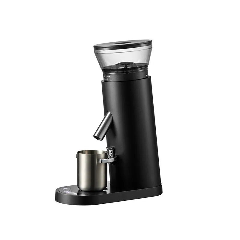 Portable automatic electric coffee grinder in stainless steel, showing style options in beige or black.