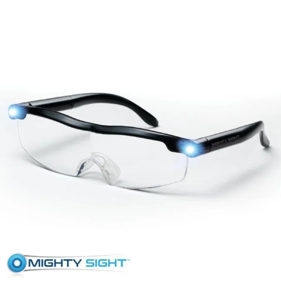 Transparent black USB LED light reading glasses showing the integrated light on the frame.